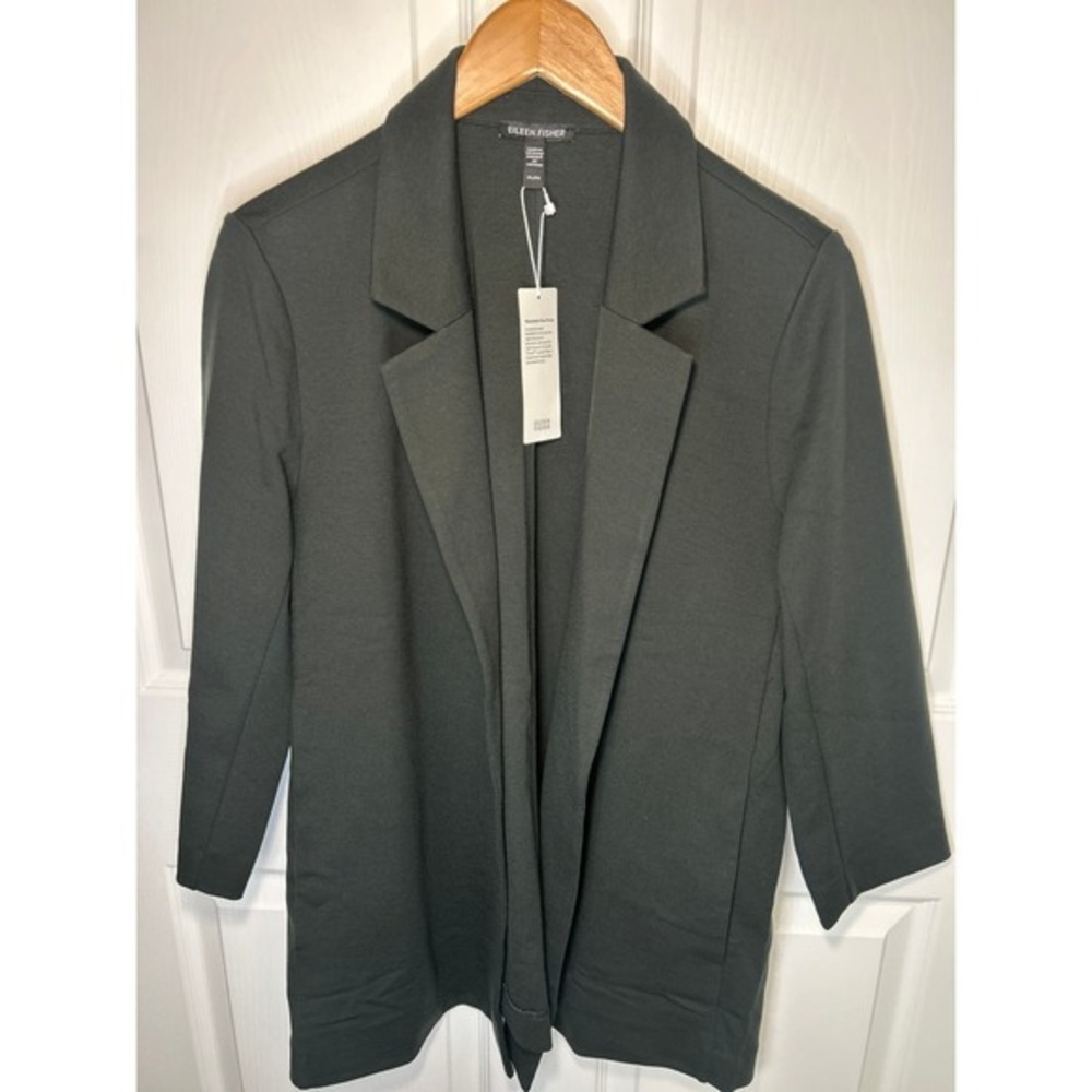 Eileen Fisher Long Blazer Ivy PL Green Washable Flex Ponte Open Front Minimalist
